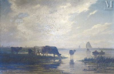 a painting of cows in the water with a boat in the background