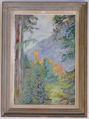 an image of a painting of a castle in a forest