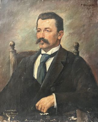 tableau représentant un homme en costume-cravate, assis sur une chaise