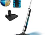 a close up of a vacuum cleaner with a blue and white background