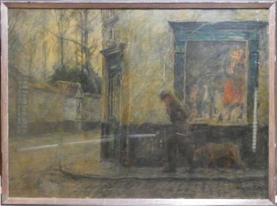 un tableau représentant un homme et un chien dans la rue