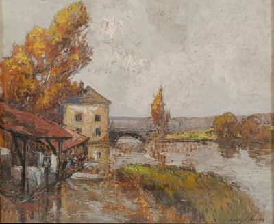 l'image d'une peinture représentant une rivière avec une maison à l'arrière-plan