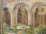 an image of a painting of a courtyard with arches and a fountain