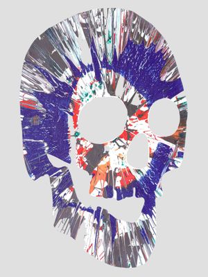 a picture of a skull made out of paint splatters on a gray background