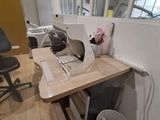 a desk with a computer on it and a trash can