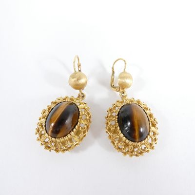 gold plated earrings with tiger ' s eye stone