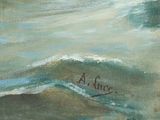 an oil painting of a surfer riding a wave in the ocean