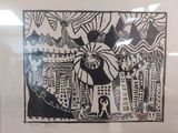 a black and white drawing of a city with birds