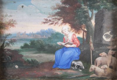 painting of an old woman reading a book in a wooded setting