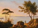une image représentant un tableau où l'on voit des personnes sur un sentier près d'un plan d'eau