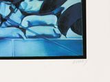 a painting of a woman laying on a table with a knife