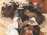 painting of a group of women sitting on a beach with a boat in the background