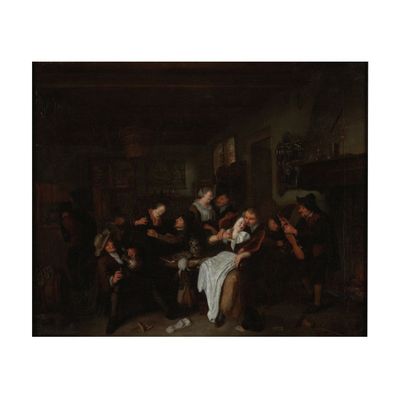 un tableau représentant un groupe de personnes rassemblées autour d'un homme dans une pièce