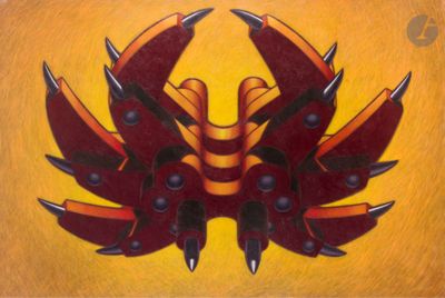 an image of a painting of a red and yellow bird with black wings