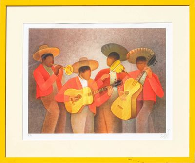 tableau représentant un groupe d'hommes avec des guitares et des chapeaux, dans un cadre jaune