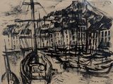 un dessin en noir et blanc représentant des bateaux dans un port
