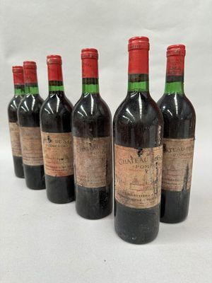 six bouteilles de vin alignées sur une surface blanche