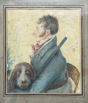 tableau représentant un homme et un chien, assis sur une chaise, un fusil à la main