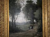 un tableau représentant un paysage avec un homme et un chien dans une zone boisée
