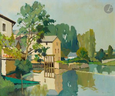 painting of a house by a river with a boat in front of it