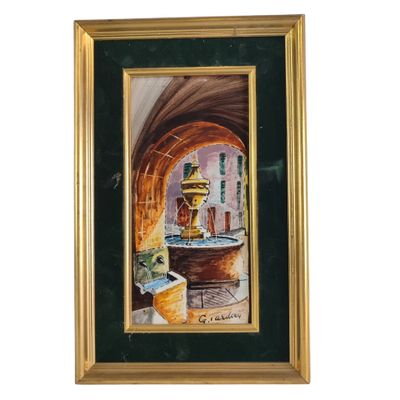 an oil painting of a fountain in a building with a gold frame