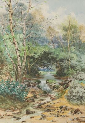 une image représentant un tableau où l'on voit un ruisseau qui traverse une forêt