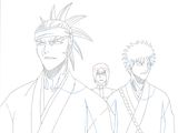 two anime characters are standing next to each other in a line
