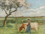 tableau représentant une femme en train de traire une vache dans un champ, avec un arbre en arrière-plan