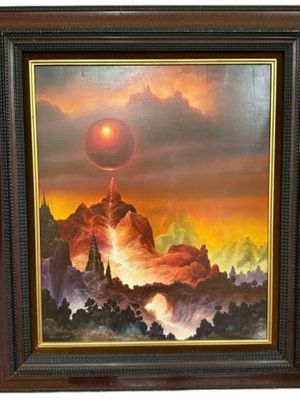 une peinture à l'huile représentant un paysage de montagne avec une boule rouge dans le ciel