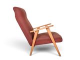 an image of a red chair with a wooden frame