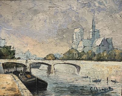 une peinture d'un bateau sur l'eau près d'un pont
