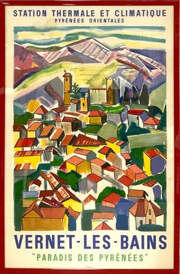 une image représentant un tableau d'un village avec des montagnes en arrière-plan