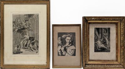three framed prints of a man and a woman in a room