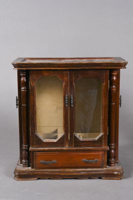 pair of antique wooden display cabinets with glass doors and drawers