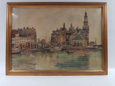 an image of a painting of a city with a boat in the water