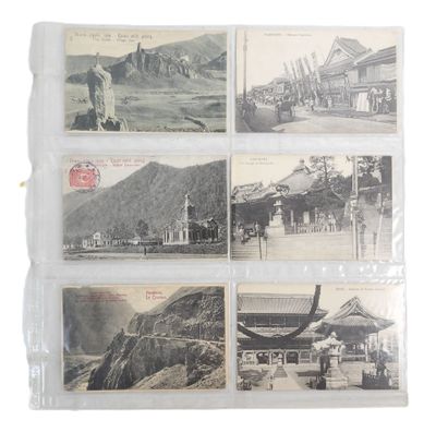 several old postcards of asian architecture are displayed on a white surface
