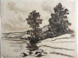 dessin d'un paysage avec des arbres et une rivière au premier plan