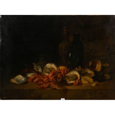 tableau représentant une nature morte avec des huîtres et d'autres aliments posés sur une table