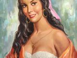 an oil painting of a woman in a white dress and a pink scarf