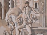 un tableau représentant un homme et une femme accompagnés d'un chien