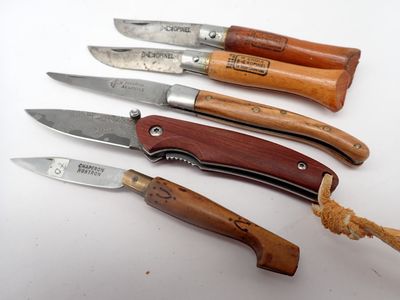 plusieurs types de couteaux sont alignés sur une surface blanche