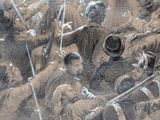 a drawing of a group of men standing in a field