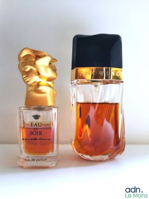 une image représentant un flacon de parfum à côté d'une statue en or