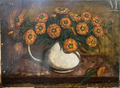 une peinture de fleurs dans un vase blanc sur une table