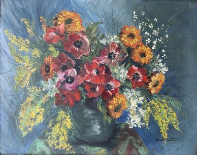 a painting of flowers in a vase on a table