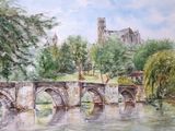 a painting of a bridge over a river with a castle in the background