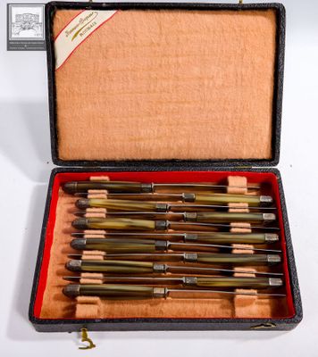 Lot de 11 couteaux manches en corne en coffret (usure d'usag…