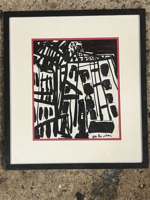 peinture représentant une image en noir et blanc avec une bordure rouge sur un sol en pierre