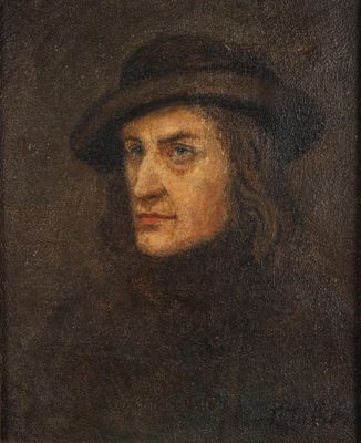 un tableau représentant un homme portant un chapeau et un manteau noir