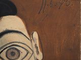 an image of a painting of a man ' s face with a hat on